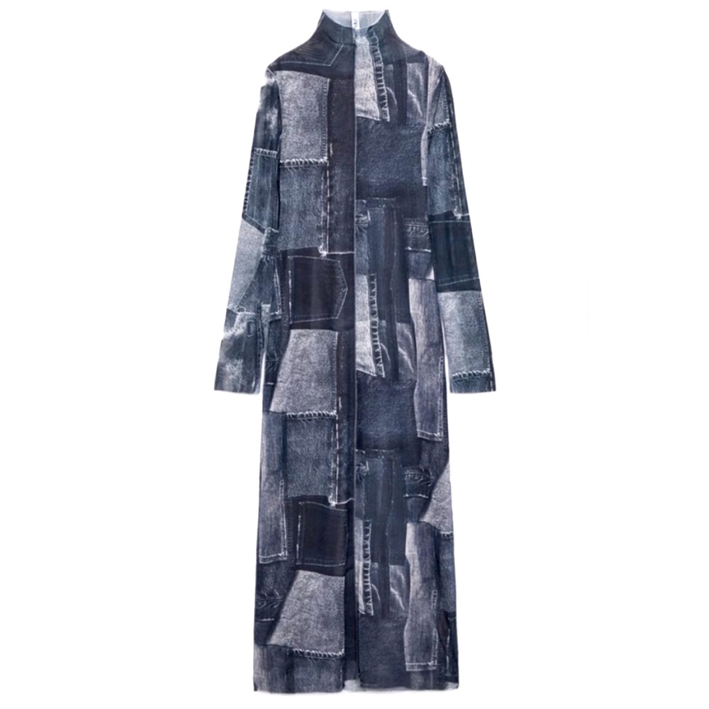Zara Denim tulle patchwork long sleeve turtleneck dress long, NWT Size Small.